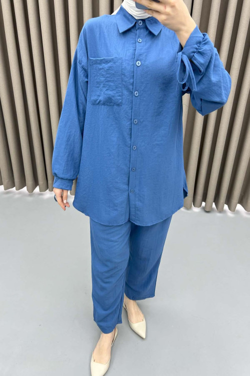 Sleeve Tied Shirt Set Blue