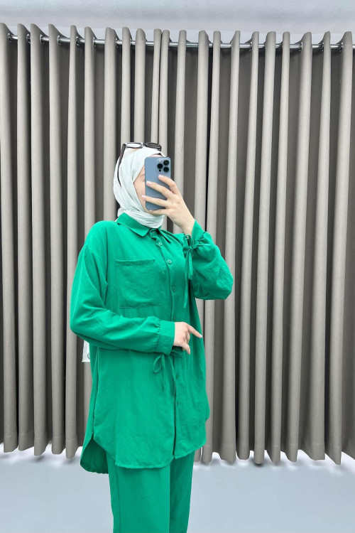 Sleeve Tied Shirt Set Green