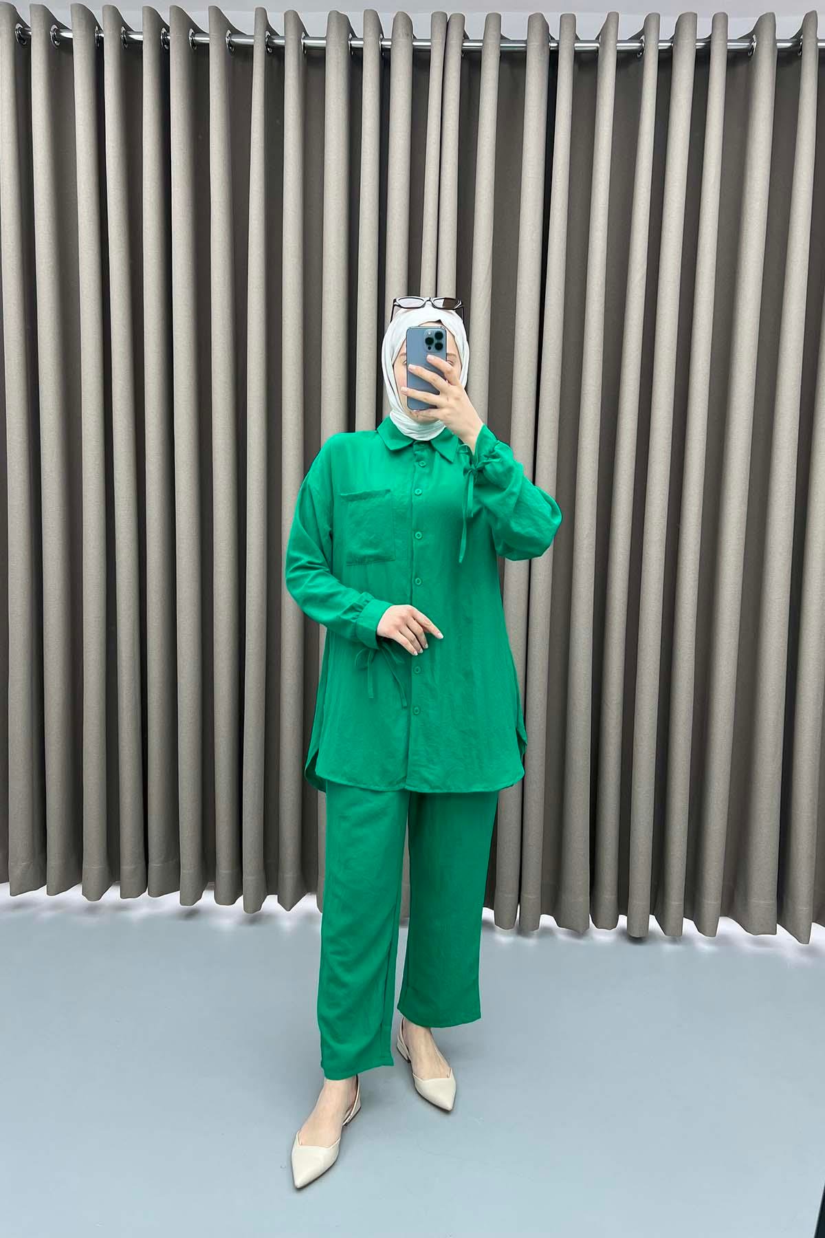 Sleeve Tied Shirt Set Green