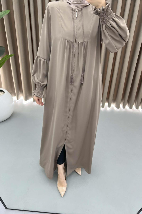 Sleeve Gathered Abaya Dark Beige