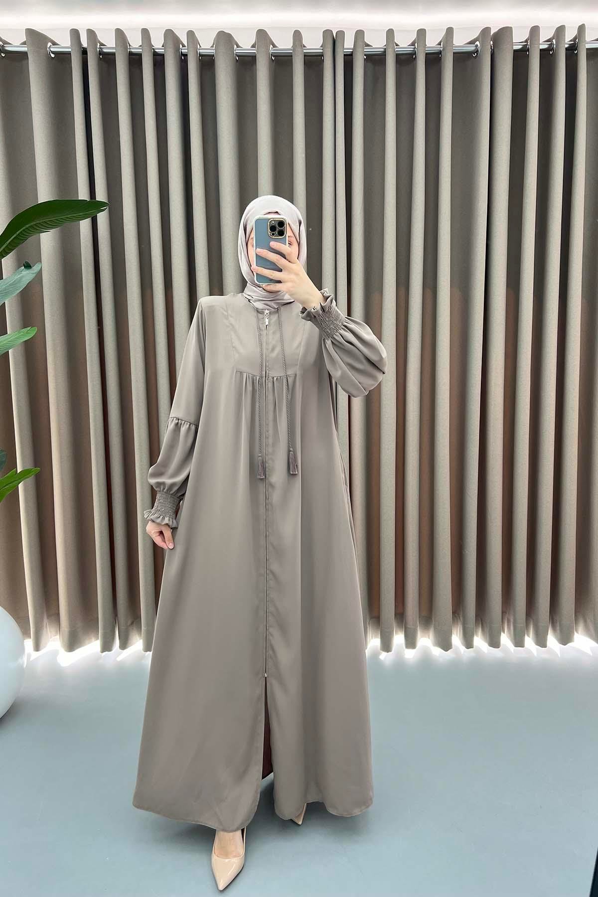 Sleeve Gathered Abaya Dark Beige