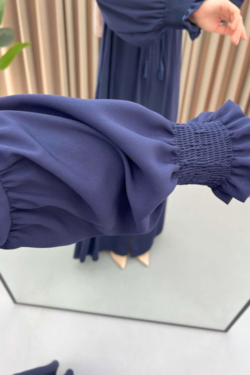 Navy Blue Gathered Sleeve Abaya