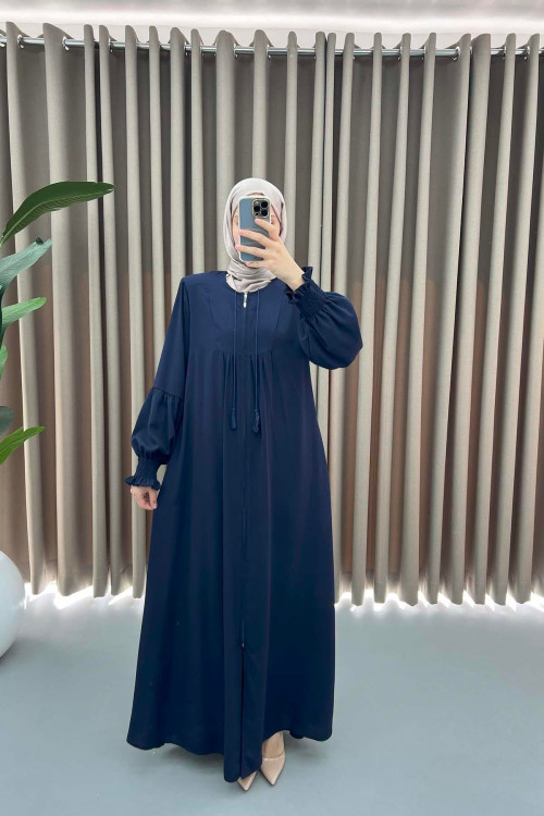 Navy Blue Gathered Sleeve Abaya