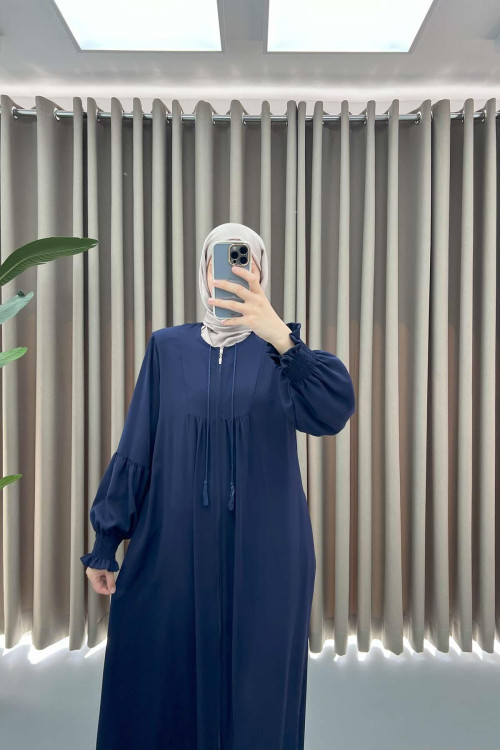 Navy Blue Gathered Sleeve Abaya