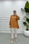 Shirt with Gathered Sleeves and Necklace Brown