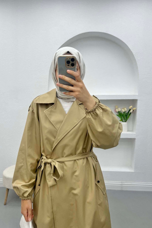 Gathered Sleeve Trench Coat Beige