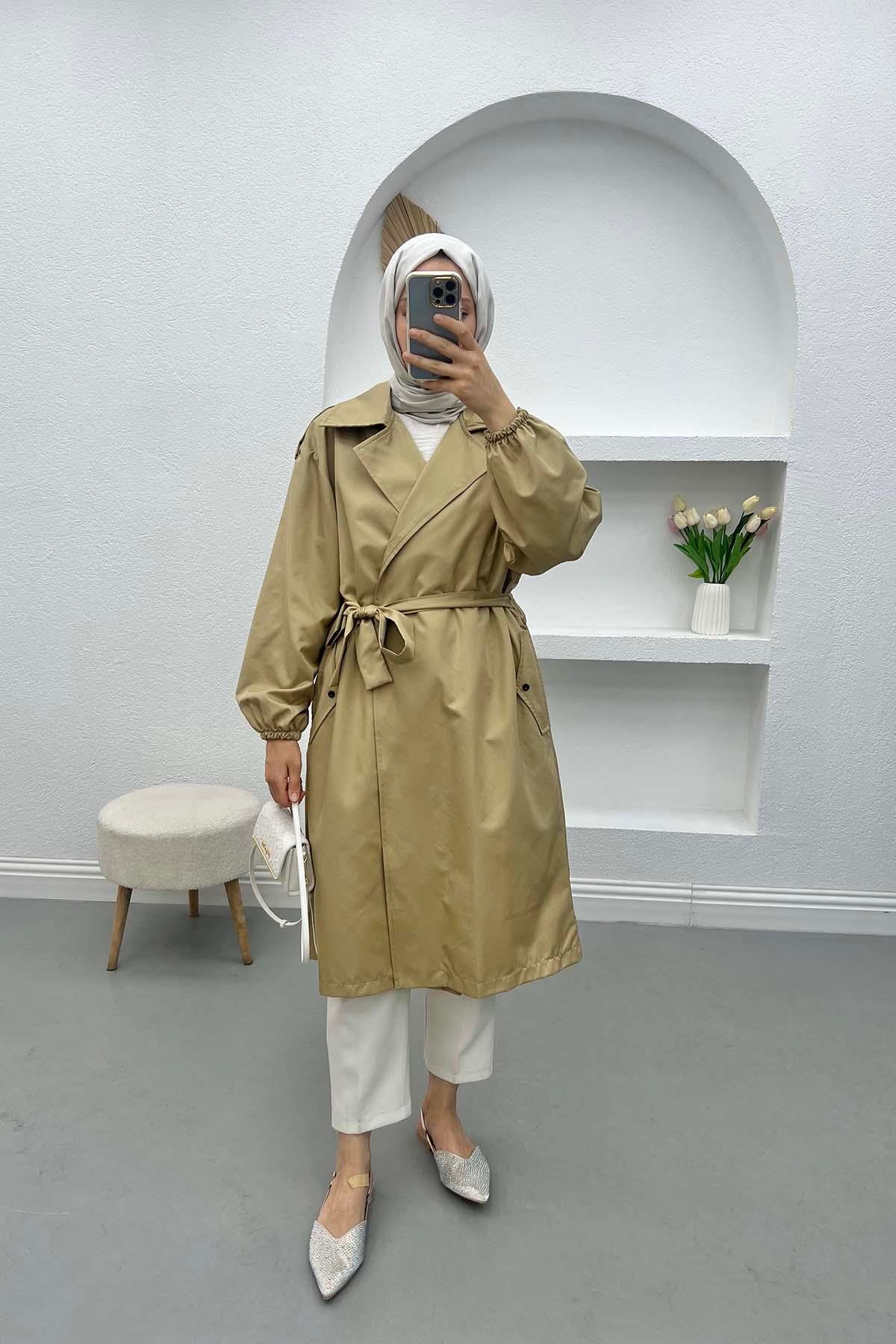 Gathered Sleeve Trench Coat Beige