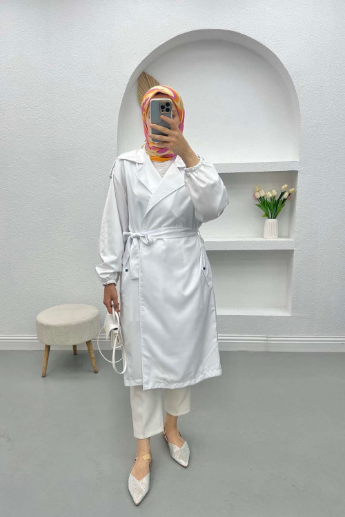 Gathered Sleeve Trench Coat White