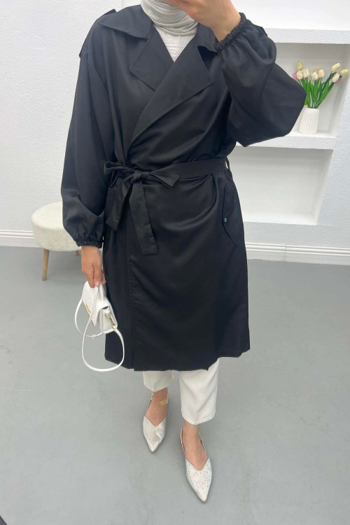 Gathered Sleeve Trench Coat Black