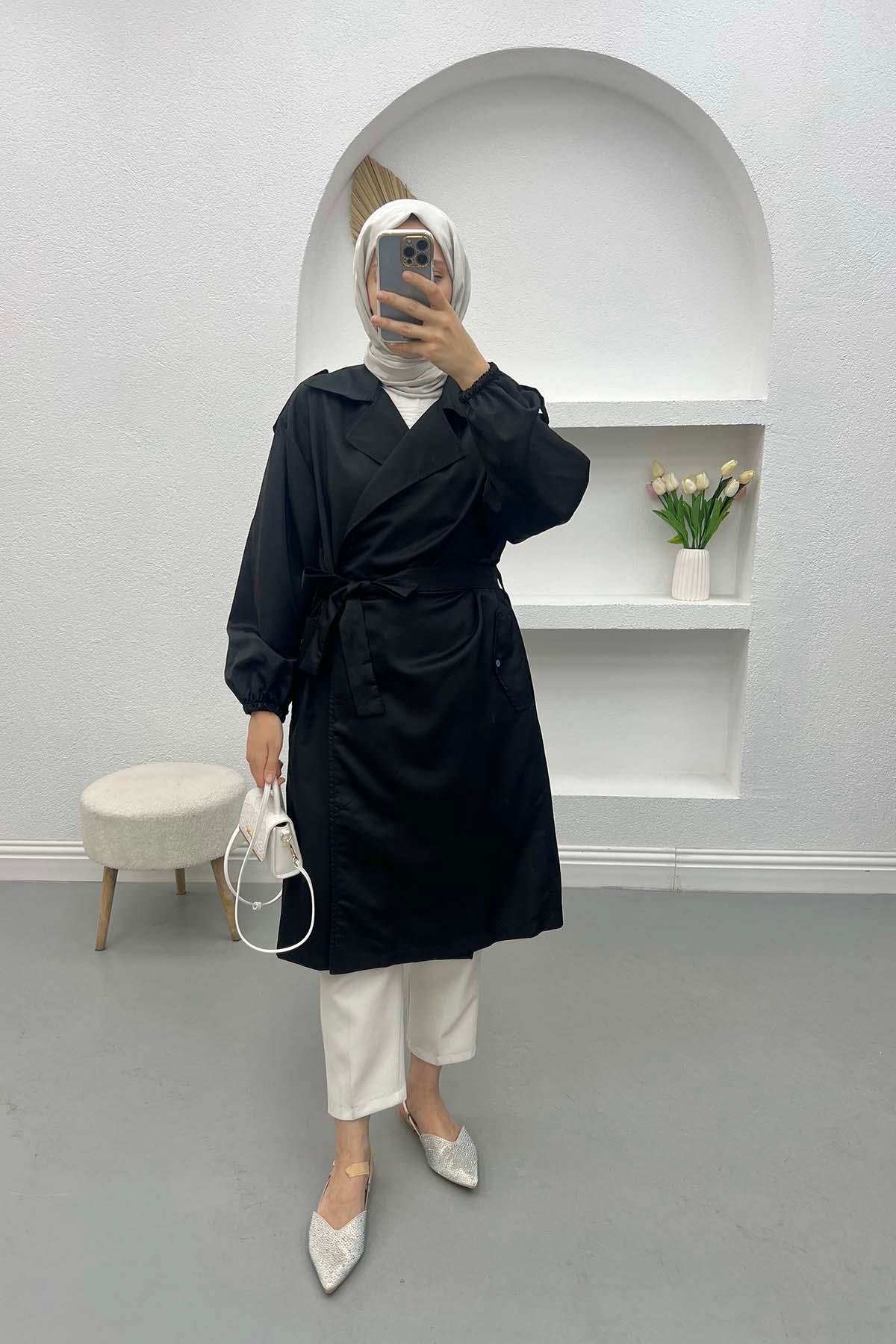 Gathered Sleeve Trench Coat Black