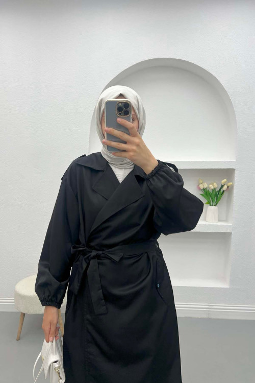 Gathered Sleeve Trench Coat Black