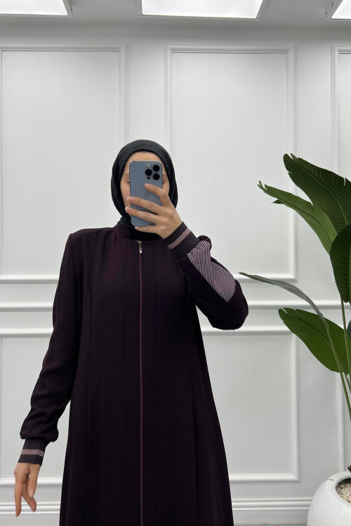 Sleeve Striped Abaya Plum