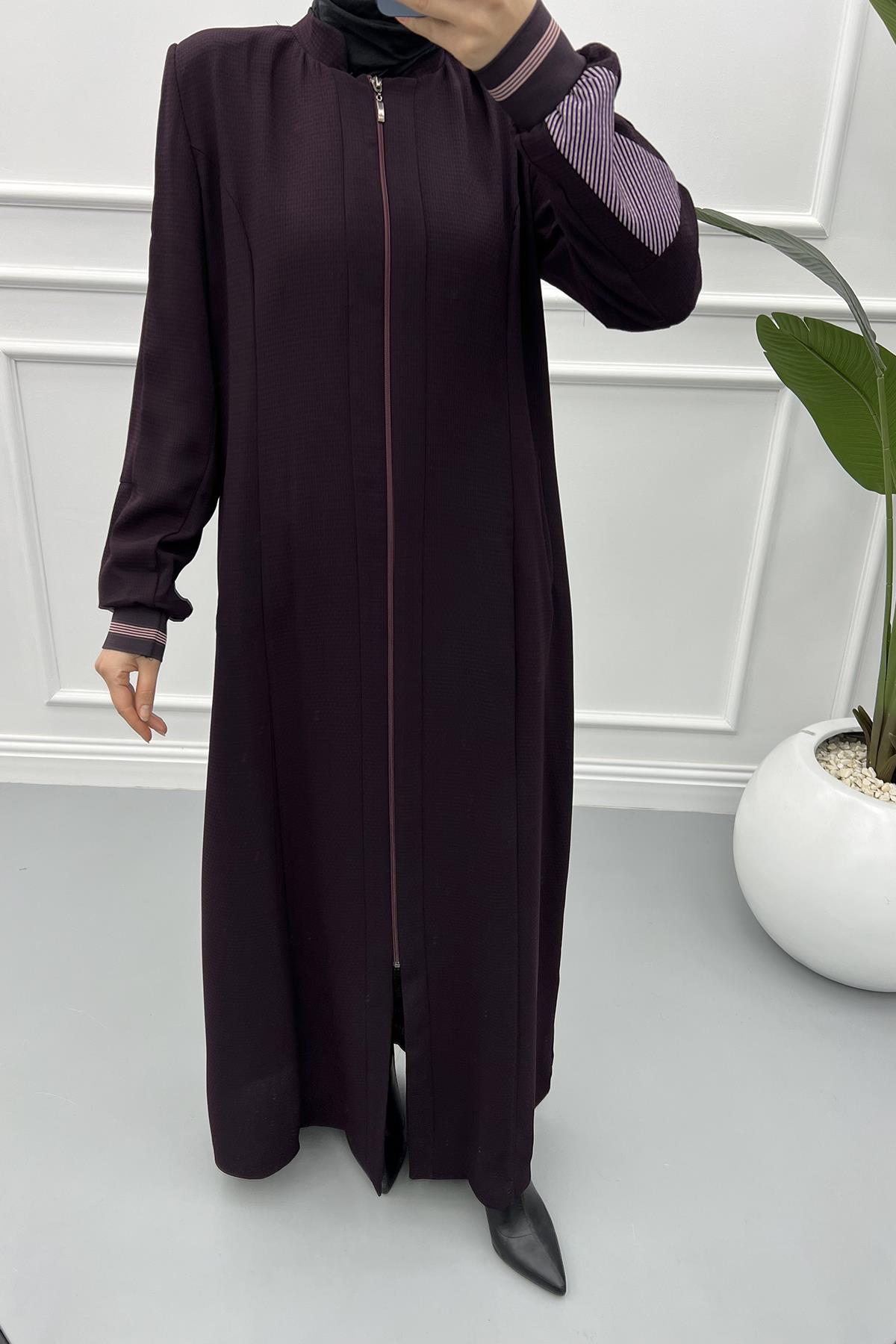 Sleeve Striped Abaya Plum