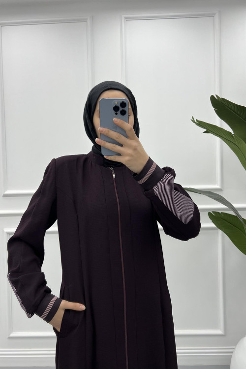 Sleeve Striped Abaya Plum