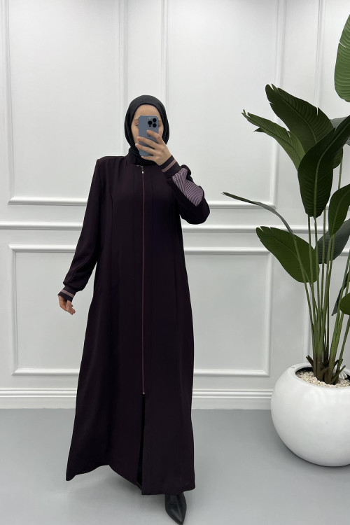 Sleeve Striped Abaya Plum