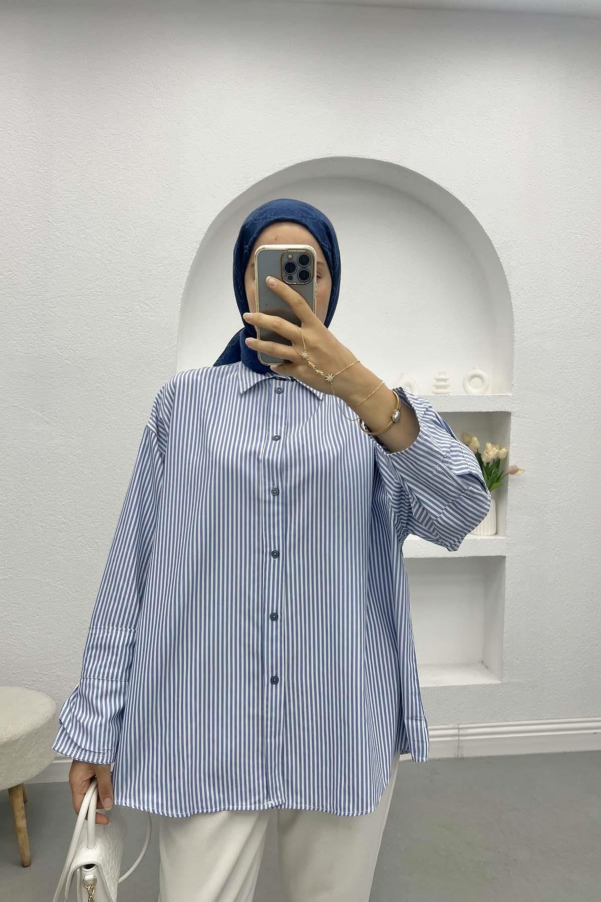 Sleeve Detailed Striped Shirt Blue