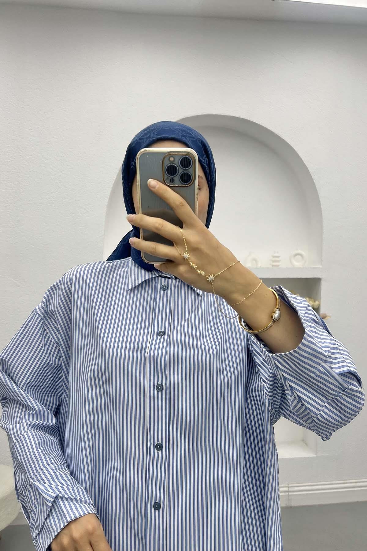 Sleeve Detailed Striped Shirt Blue