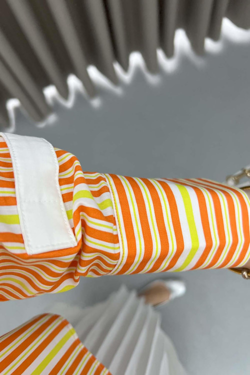 Sleeve Detailed Striped Shirt Orange