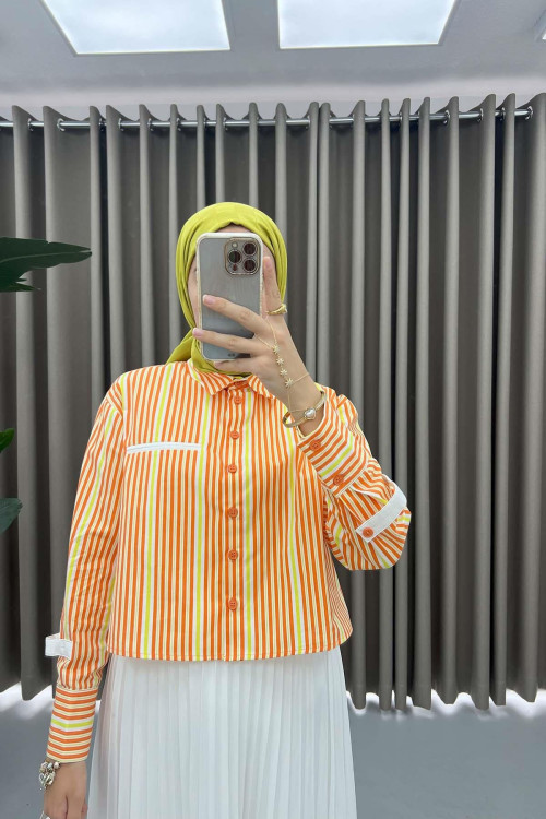 Sleeve Detailed Striped Shirt Orange