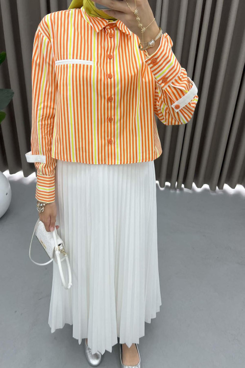 Sleeve Detailed Striped Shirt Orange