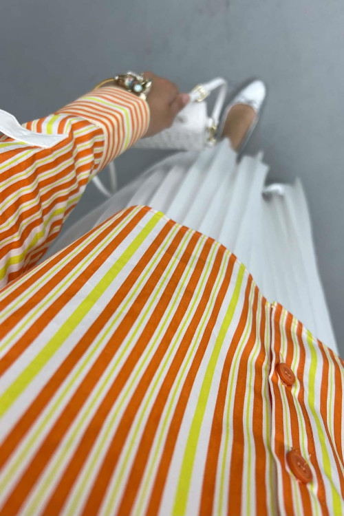 Sleeve Detailed Striped Shirt Orange