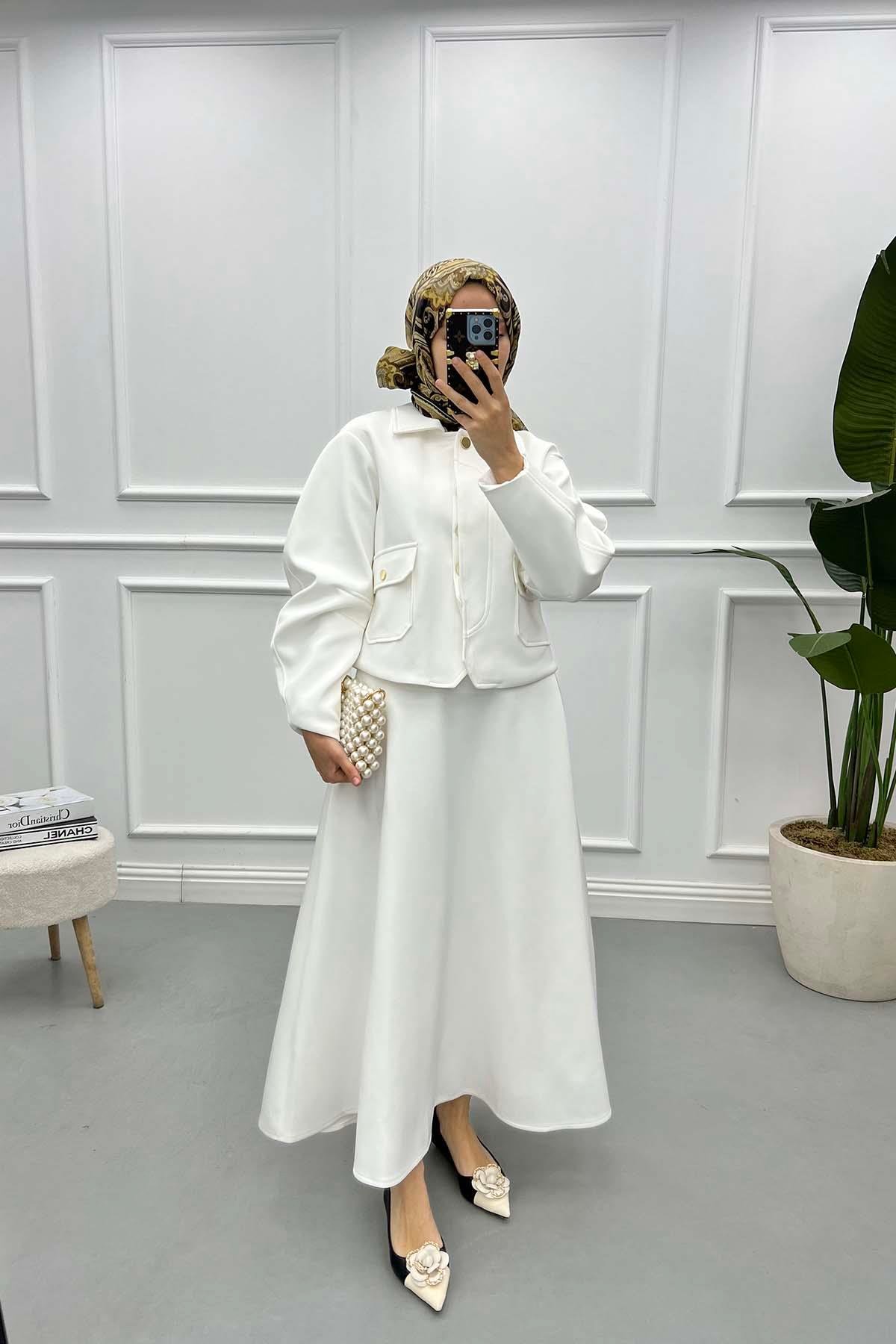 Sleeve Detailed Skirt Suit White