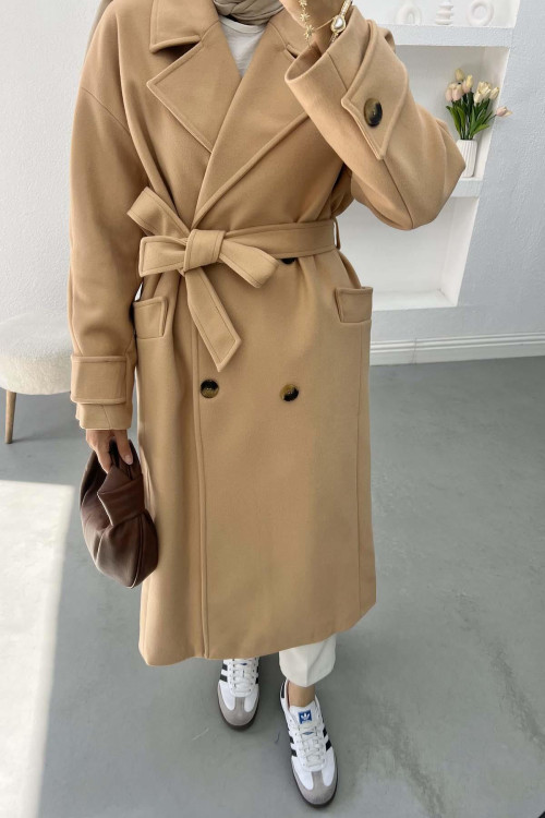 Sleeve Detailed Cashmere Coat Milky Coffee