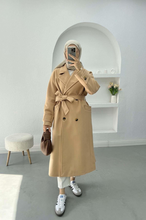 Sleeve Detailed Cashmere Coat Milky Coffee