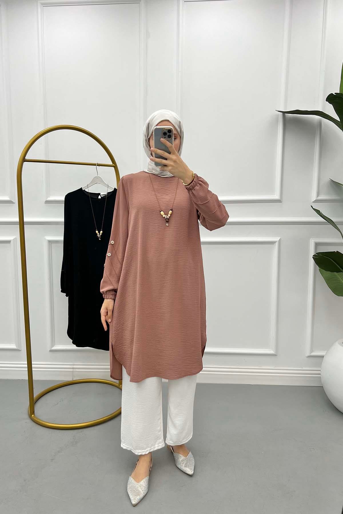 Tunic with Sleeve Detail and Necklace, Dusty Rose