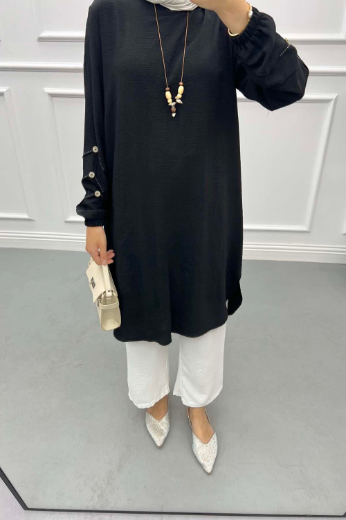 Tunic with Sleeve Detail and Necklace Black