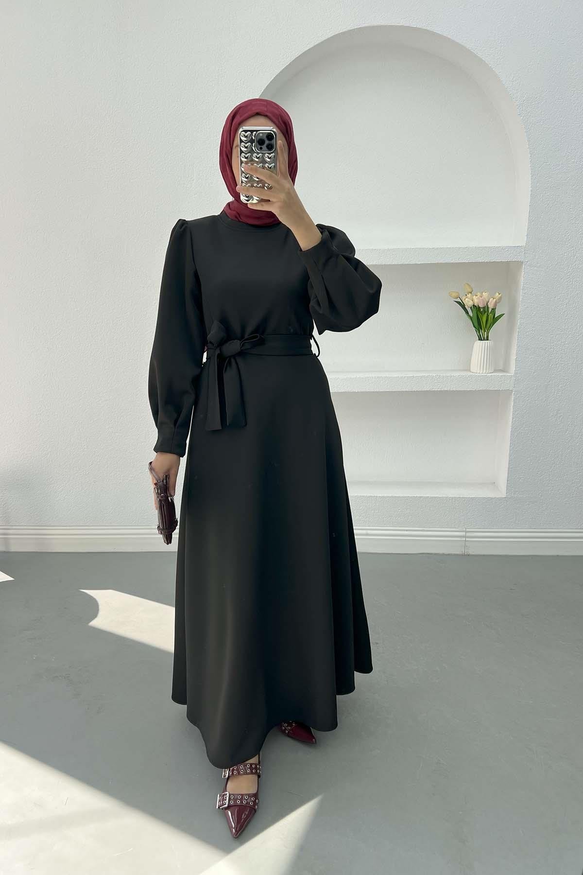 Sleeve Detailed Scuba Dress Black