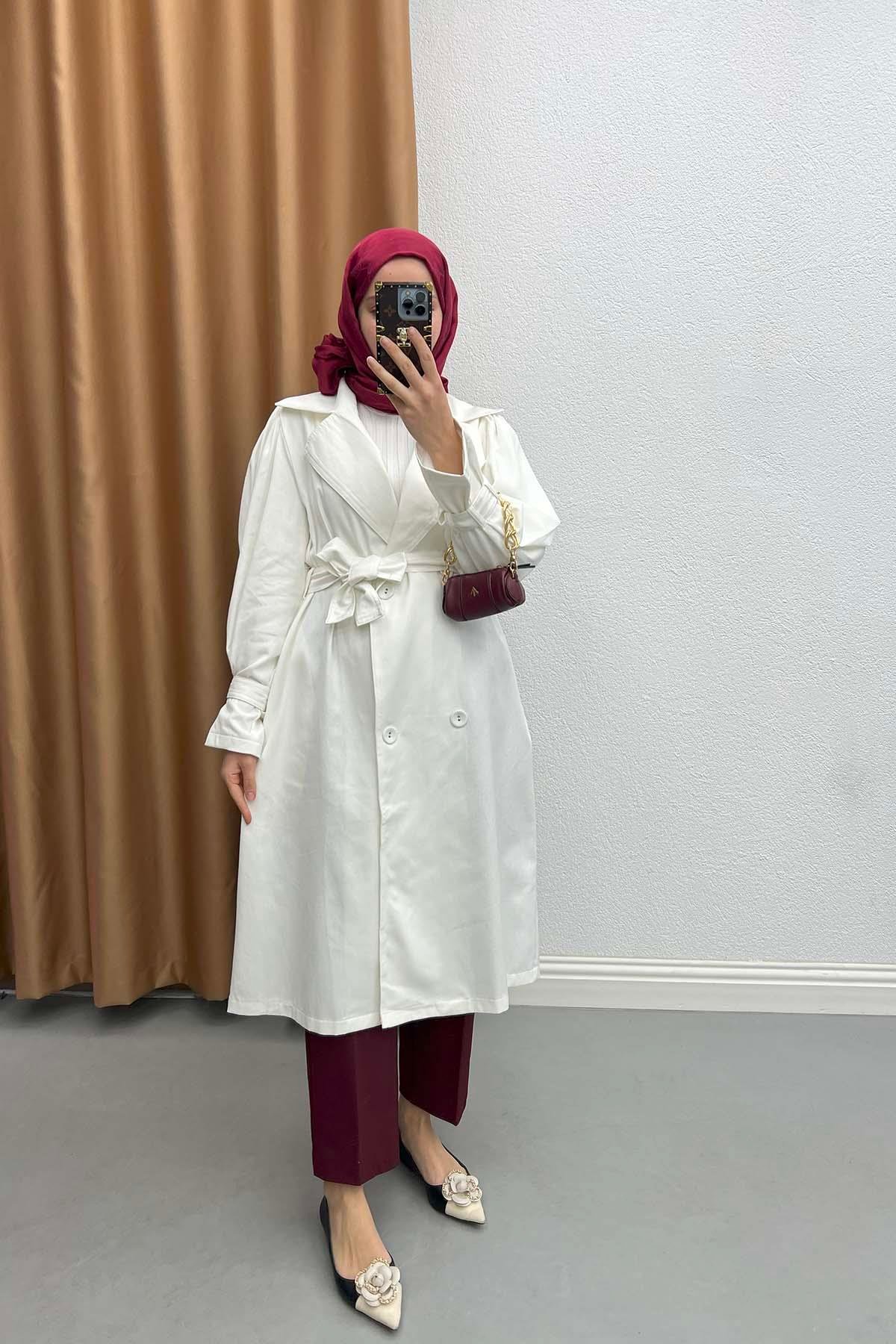 Sleeve Detailed Trench Coat Jeans White