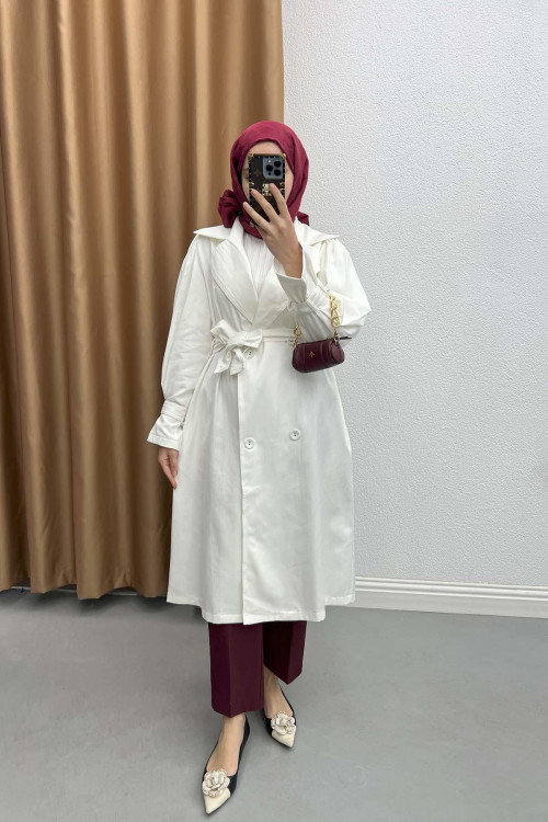 Sleeve Detailed Trench Coat Jeans White