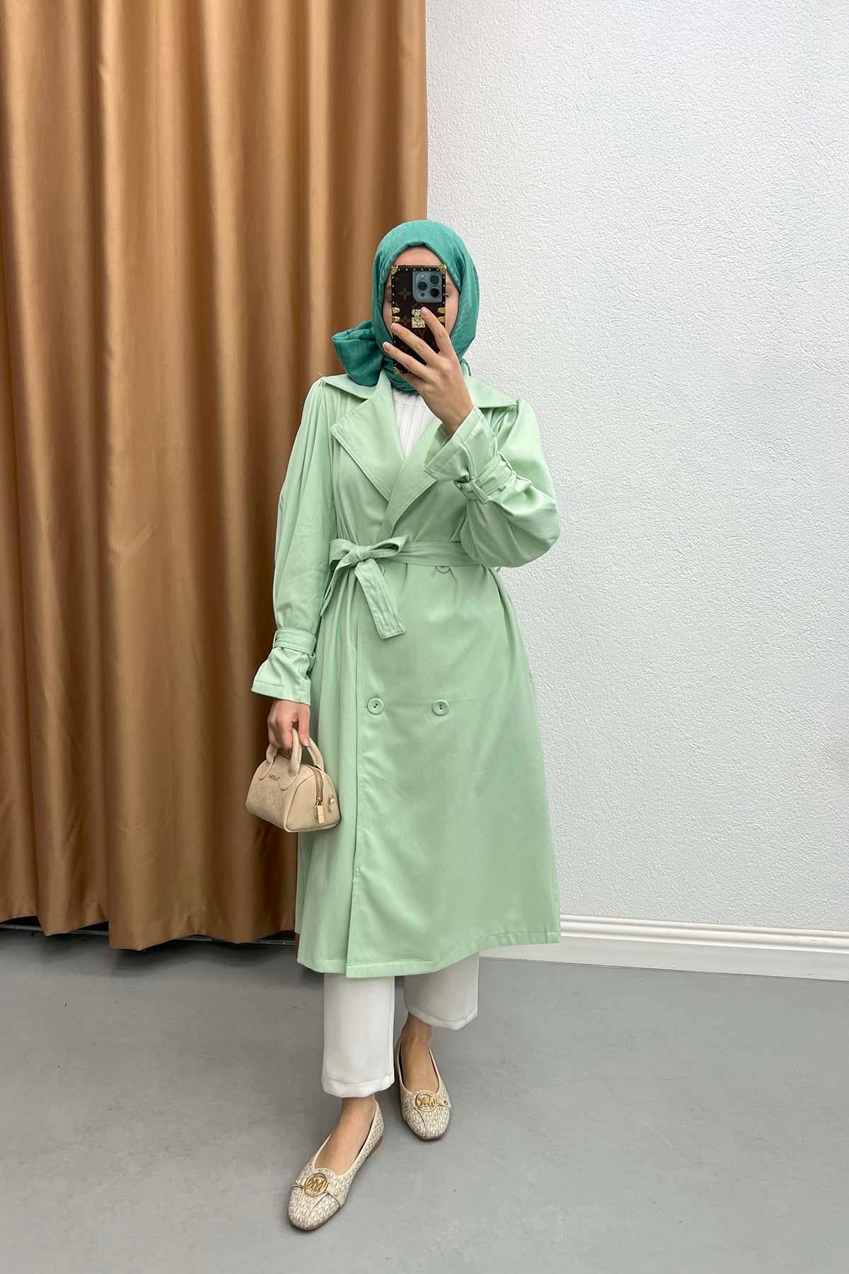 Sleeve Detailed Trench Coat Jeans Aqua Green