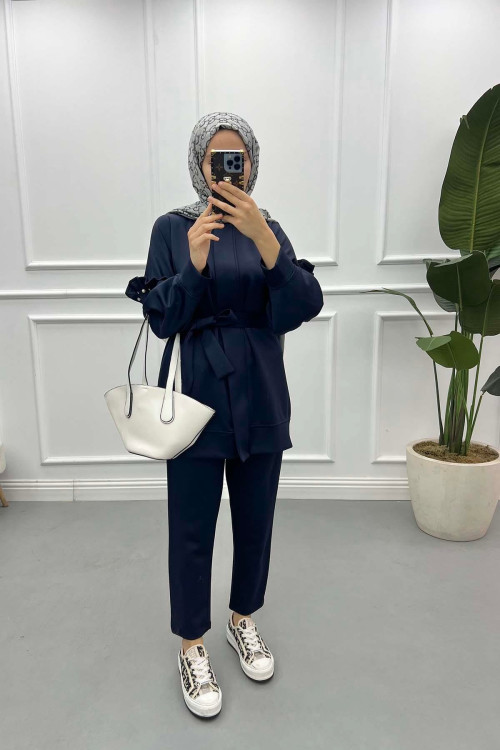 Ruffle Sleeve Pearl Suit Navy Blue