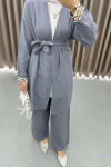 Sleeve Embroidered Linen Kimono Set Gray