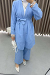 Embroidered Sleeve Linen Kimono Set Blue