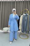 Embroidered Sleeve Linen Kimono Set Blue