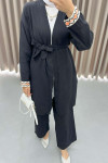 Embroidered Sleeve Linen Kimono Set Black