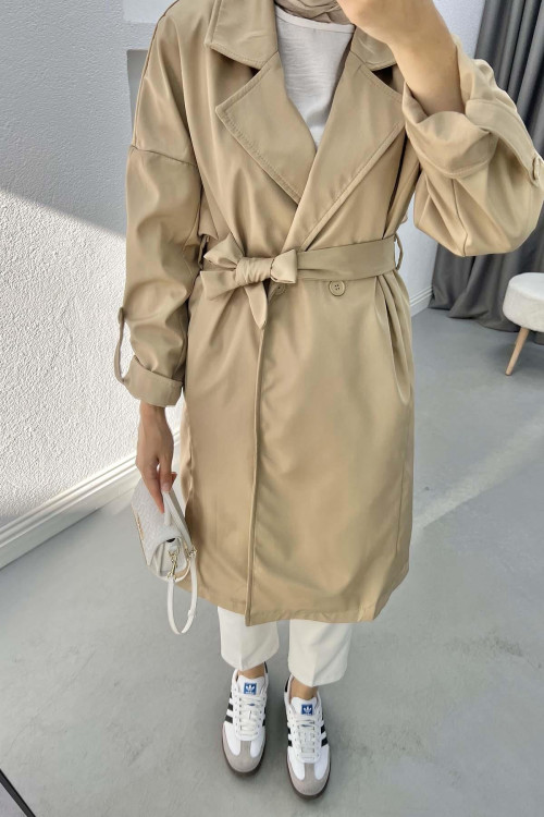 Trench Coat with Folded Sleeves Beige