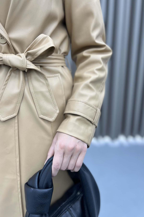 Belted Leather Trench Coat Camel