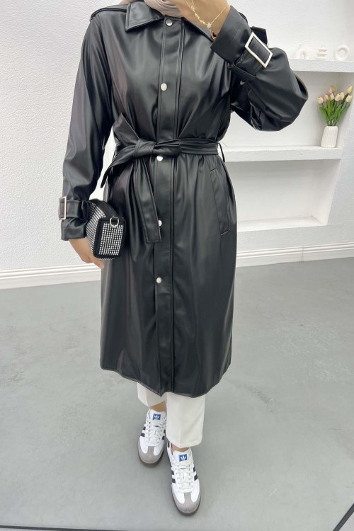 Belted Leather Trench Coat Black