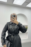 Belted Leather Trench Coat Black