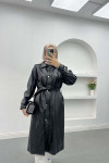 Belted Leather Trench Coat Black