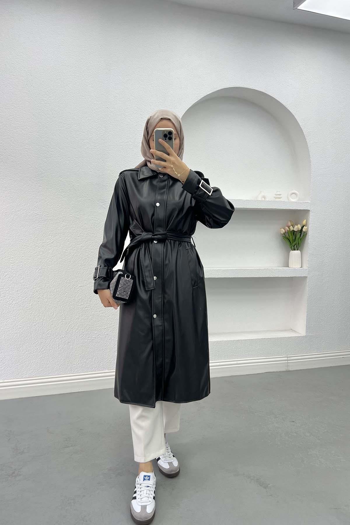 Belted Leather Trench Coat Black