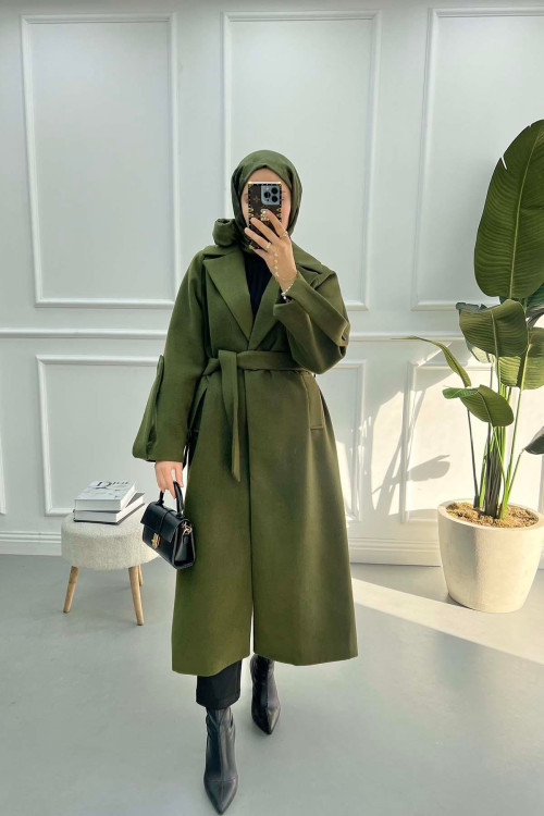 Arm Belted Cashmere Coat Khaki