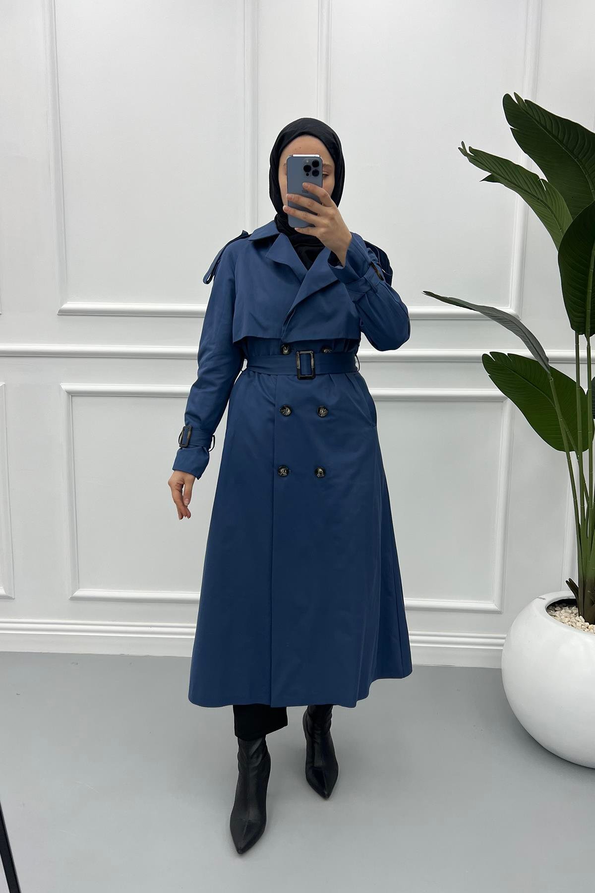 Trench Coat with Sleeve Belt Indigo