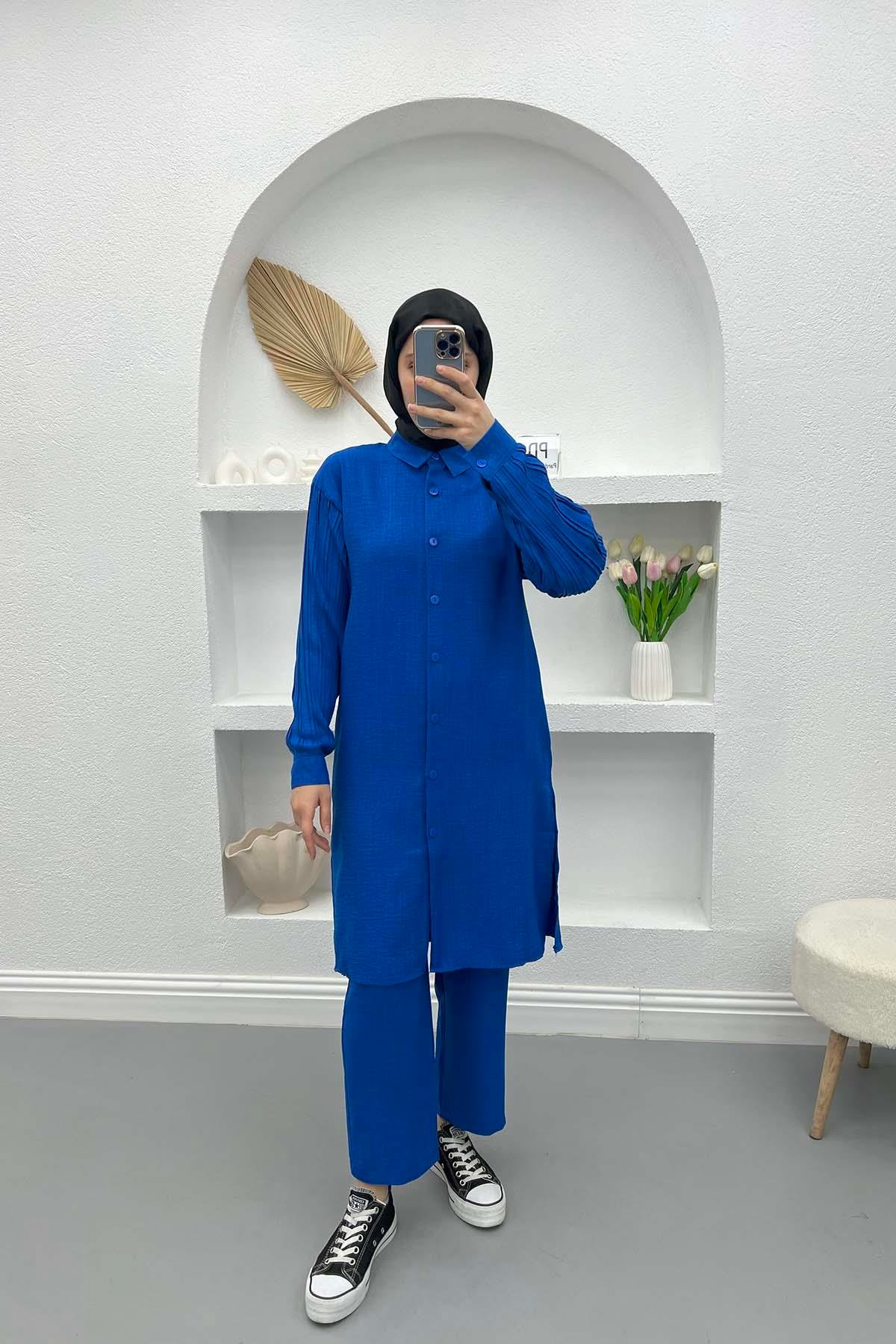 Sleeve Pleated Shirt Set Saxe Blue