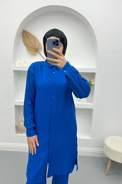 Sleeve Pleated Shirt Set Saxe Blue