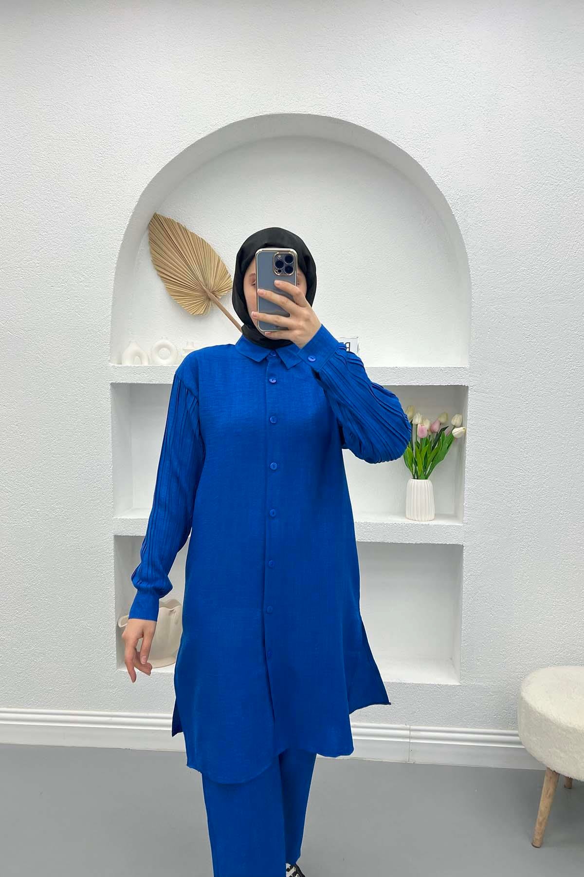 Sleeve Pleated Shirt Set Saxe Blue